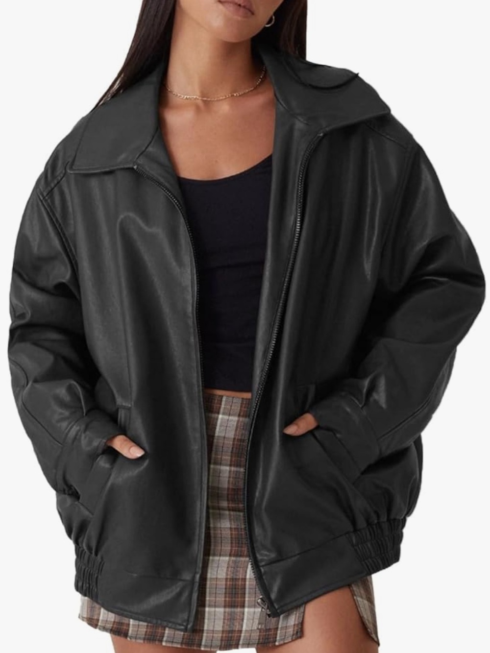 Women’s Black Faux Leather Oversized Bomber Jacket Zip Up Y2K Moto Coat. Size XL